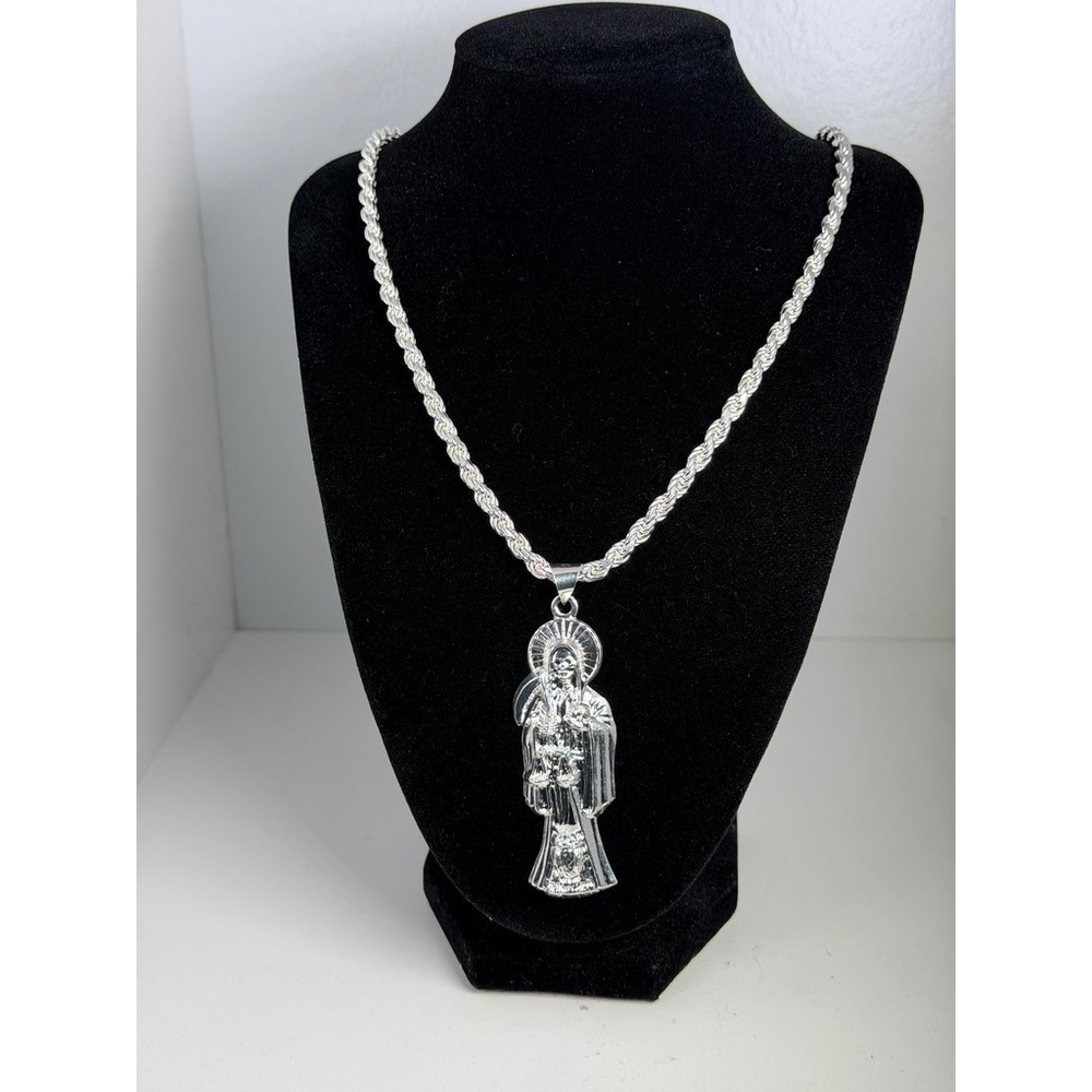 925 Sterling Silver Santa Muerte Pendant 4.7mm Rope Chain Necklace 22 Inch